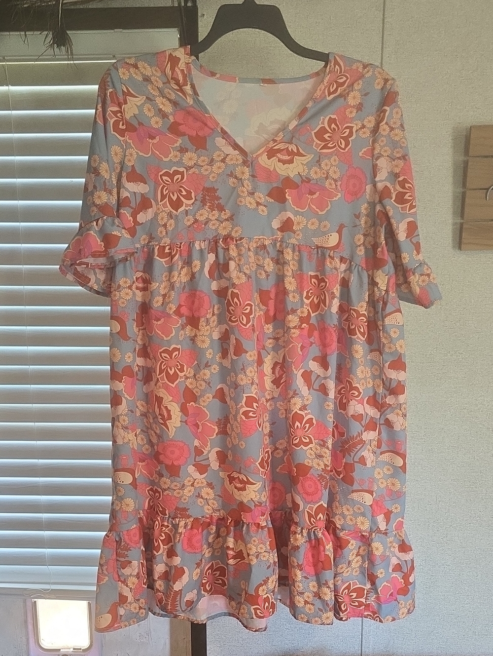 Floral Ruffle V-Neck Women’s Dress in Pastel Blue and Pink